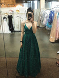 Shiny A Line V Neck Emerald Green Prom Dresses, Green V Neck Formal Graduation Evening Dresses