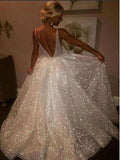 Shiny A Line V Neck Ivory Wedding Dresses, A Line V Neck Prom Graduation Dresses