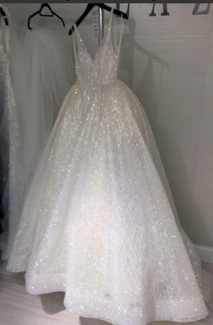 Shiny A Line V Neck Ivory Wedding Dresses, A Line V Neck Prom Graduation Dresses