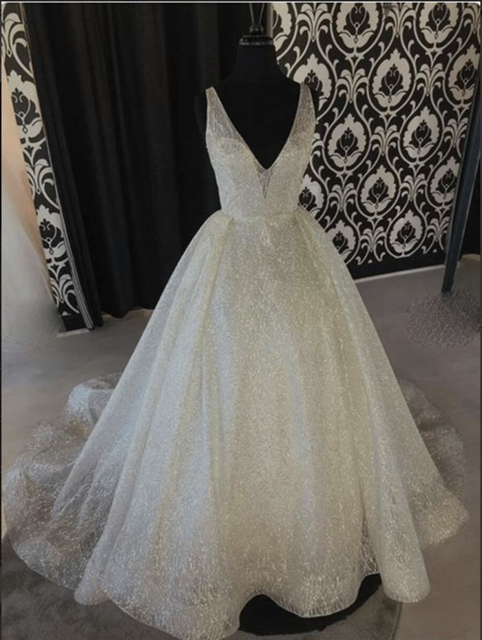 Shiny A Line V Neck Ivory Wedding Dresses, A Line V Neck Prom Graduation Dresses