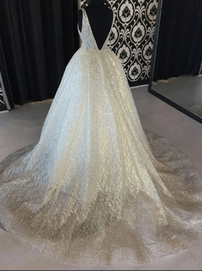 Shiny A Line V Neck Ivory Wedding Dresses, A Line V Neck Prom Graduation Dresses
