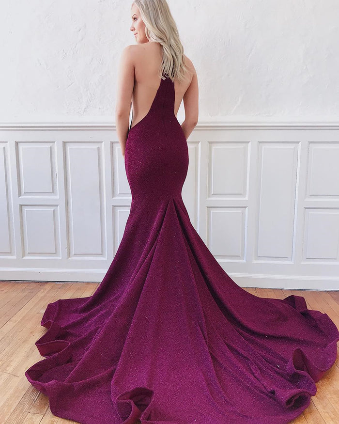Shiny V Neck Mermaid Open Back Purple Prom Dresses, Purple Mermaid Formal Evening Graduation Dresses