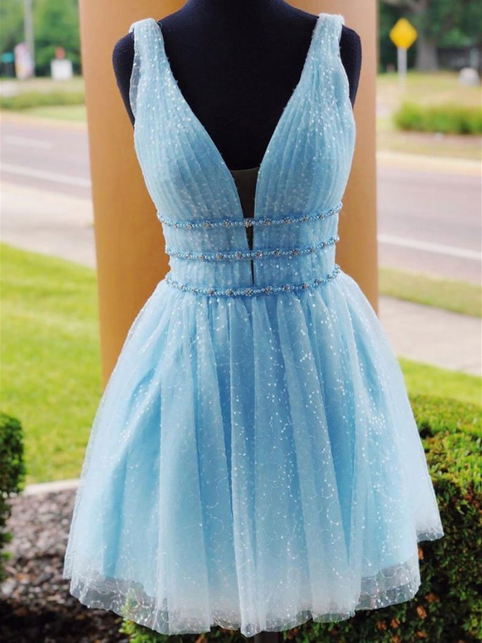 Shiny V Neck Short Blue Yellow Prom Dressses, Short Blue Yellow V Neck Fomal Homecoming Graduation Dresses