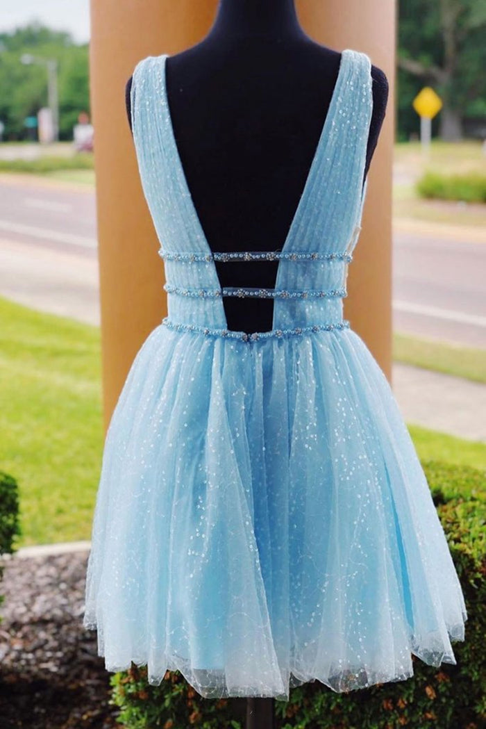 Shiny V Neck Short Blue Yellow Prom Dressses, Short Blue Yellow V Neck Fomal Homecoming Graduation Dresses