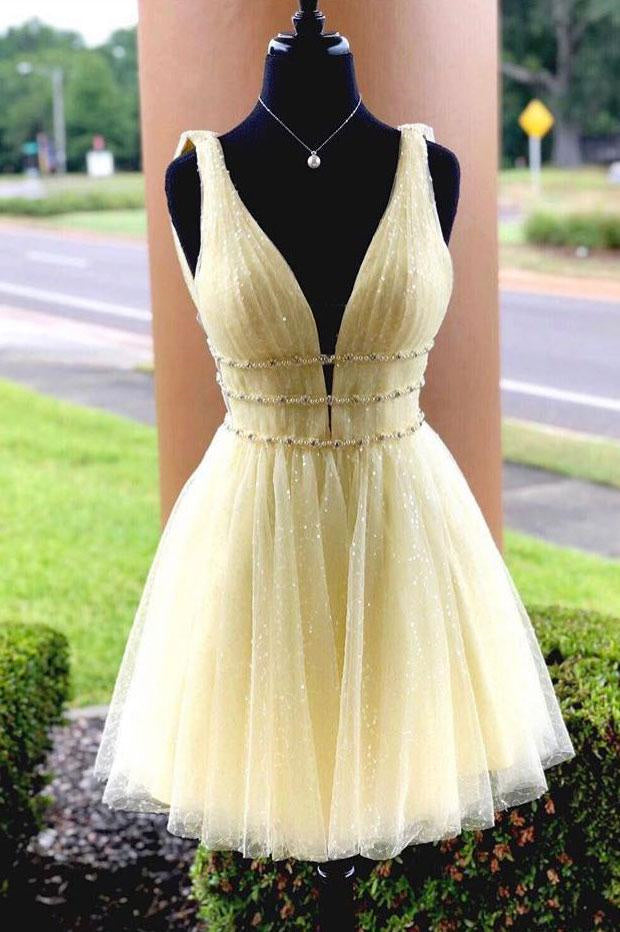 Shiny V Neck Short Blue Yellow Prom Dressses, Short Blue Yellow V Neck Fomal Homecoming Graduation Dresses