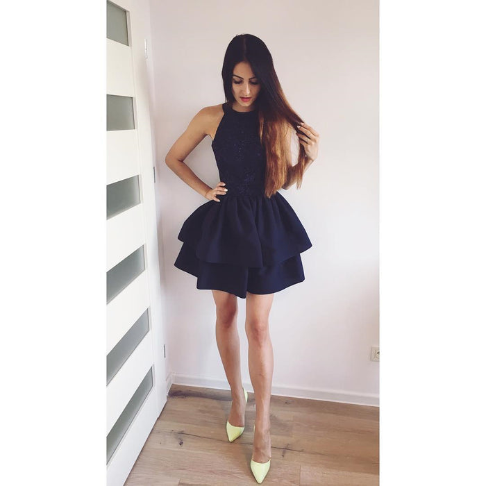 Short Black Lace Prom Dresses, Round Neck Short Black Lace Homecoming Graduation Cocktail Dresses