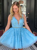 Short Blue V Neck Lace Prom Dresses, Short Blue V Neck Lace Graduation Homecoming Formal Dresses