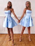 Short Ice Blue Prom Dresses with Pockets, Short Blue Bowknot Homecoming Formal Graduation Dresses