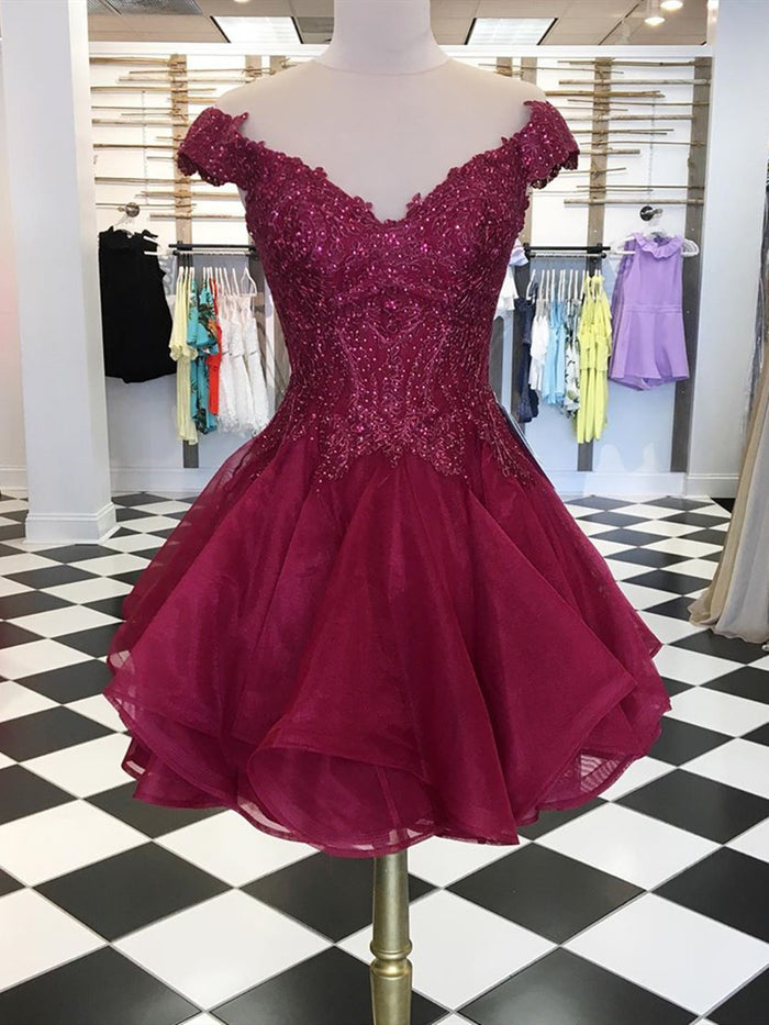 Short Off Shoulder Burgundy Lace Prom Dresses, Off the Shoulder Short Burgundy Lace Formal Homecoming Dresses