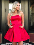 Short Red Prom Dress with Pockets, Short Red Formal Graduation Homecoming Dresses with Pockets