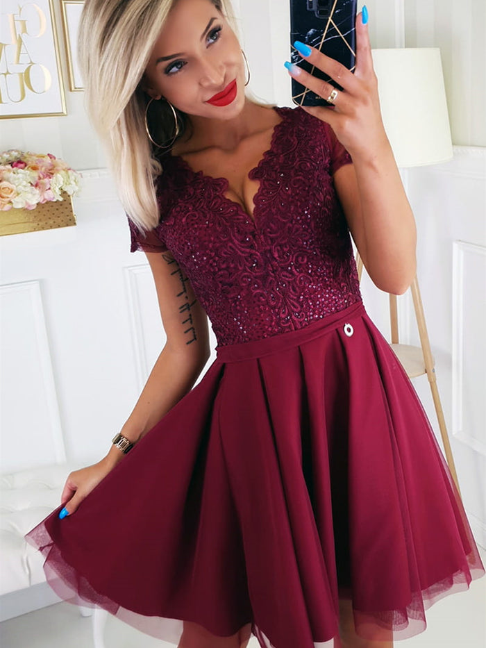 Short Sleeves Burgundy Lace Prom Dresses, Short Sleeves Burgundy Lace Formal Homecoming Dresses