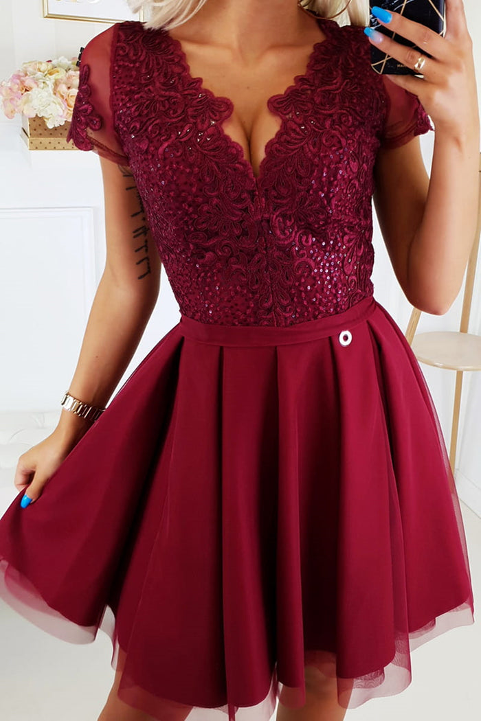 Short Sleeves Burgundy Lace Prom Dresses, Short Sleeves Burgundy Lace Formal Homecoming Dresses