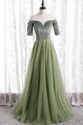 Short Sleeves Sage Green Long Formal Dress