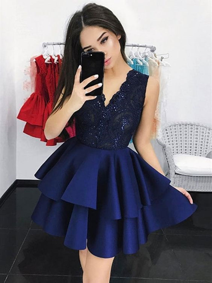 Short V Neck Navy Blue Lace Prom Dresses, Short Navy Blue Lace Graduation Homecoming Dresses