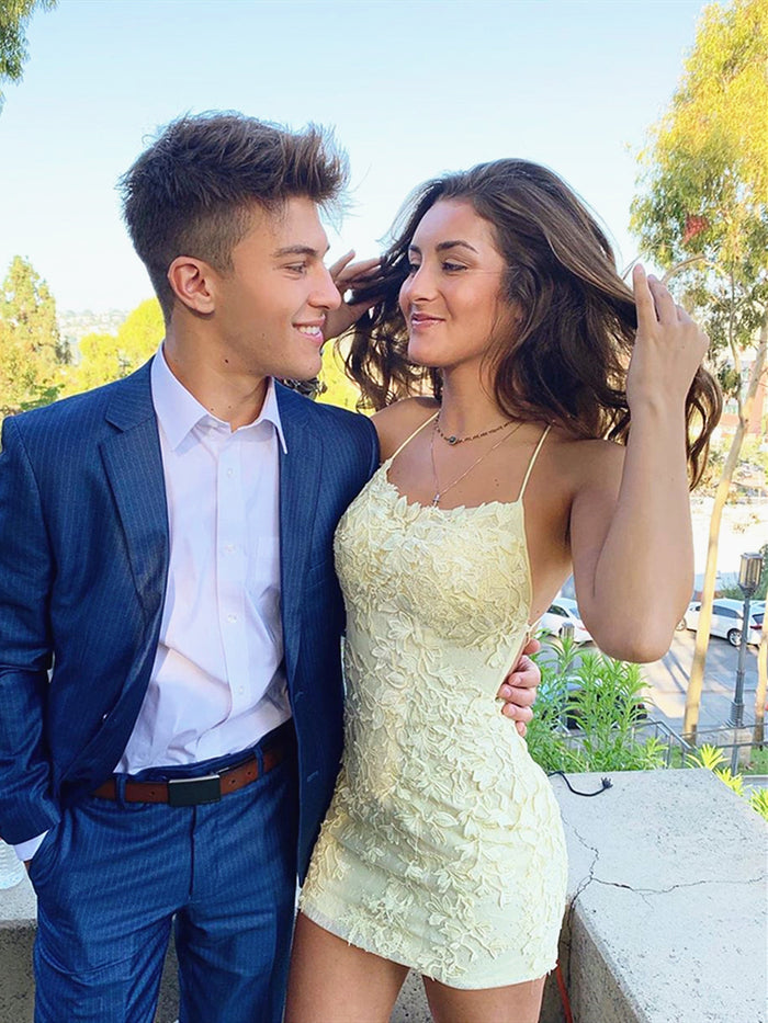Short Yellow Backless Lace Prom Dresses, Short Backless Lace Formal Homecoming Graduation Dresses