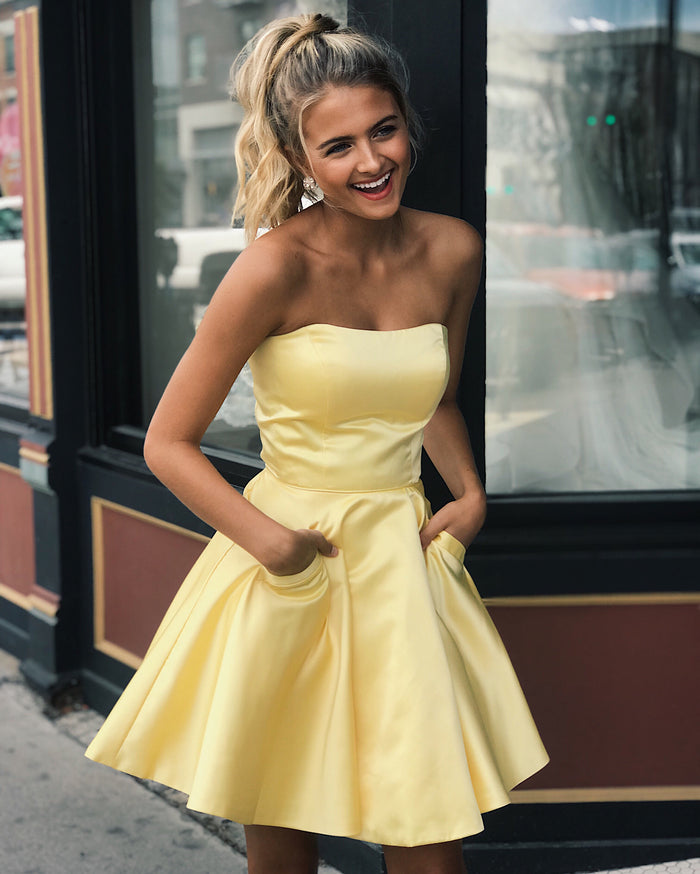 Short Yellow Prom Dresses with Pocket, Short Yellow Graduation Formal Dresses with Pockets