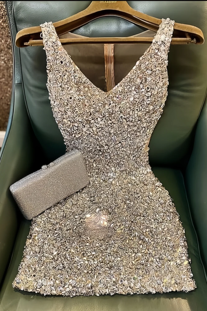Silver Bodycon Homecoming Dresses V-Neck Mini Party Dress