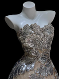 Silver Layered Sequin A Line Sweetheart Neck Apricot Tulle Long Prom Dress Evening Dress