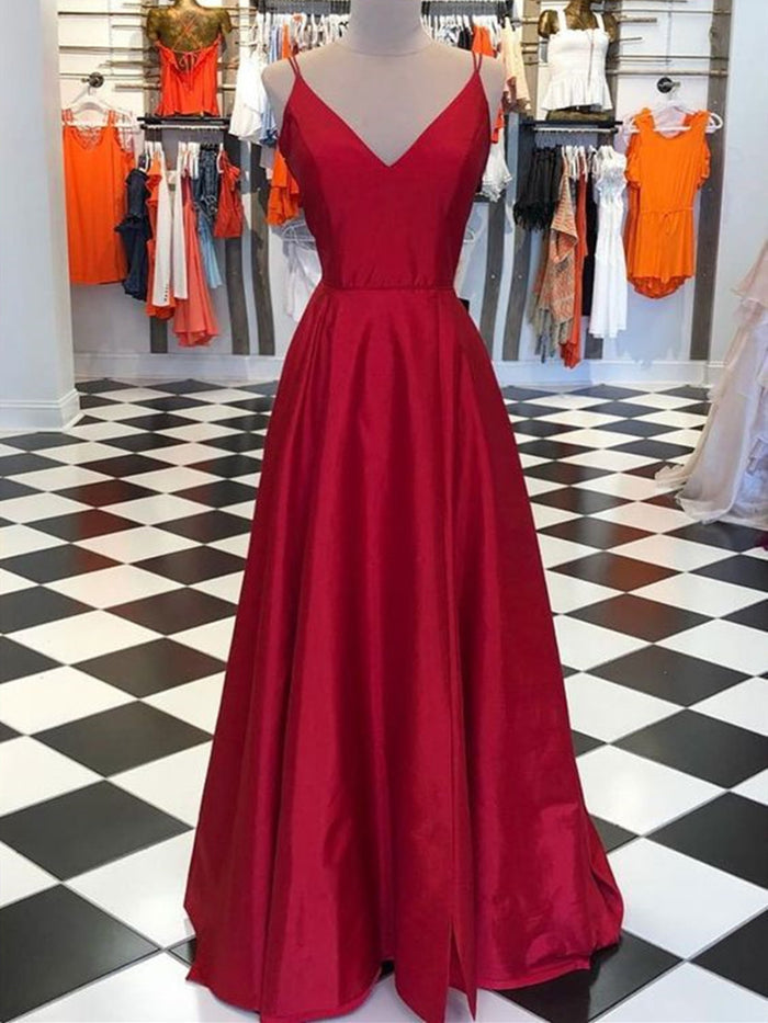 Simple A Line V Neck Burgundy Prom Dresses, Burgundy V Neck Formal Dresses, Evening Dresses