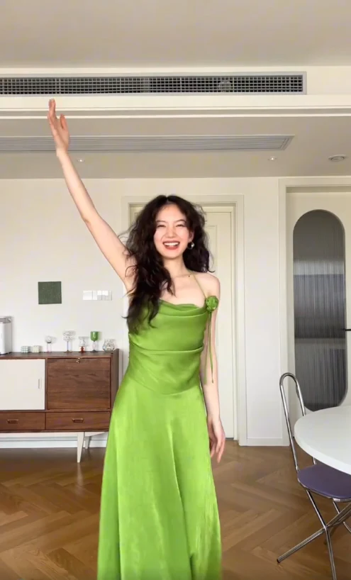 Simple Green A Line Halter Satin Prom Dress Wedding Guest Dress