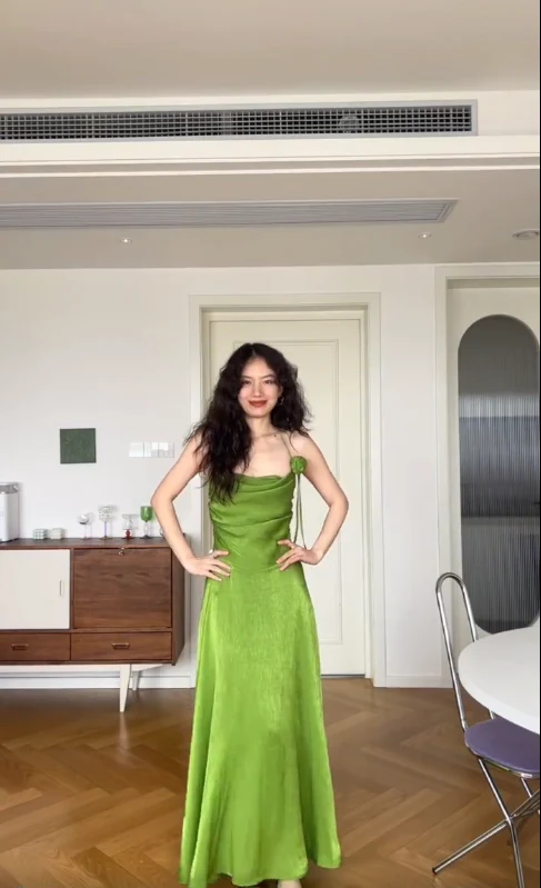 Simple Green A Line Halter Satin Prom Dress Wedding Guest Dress