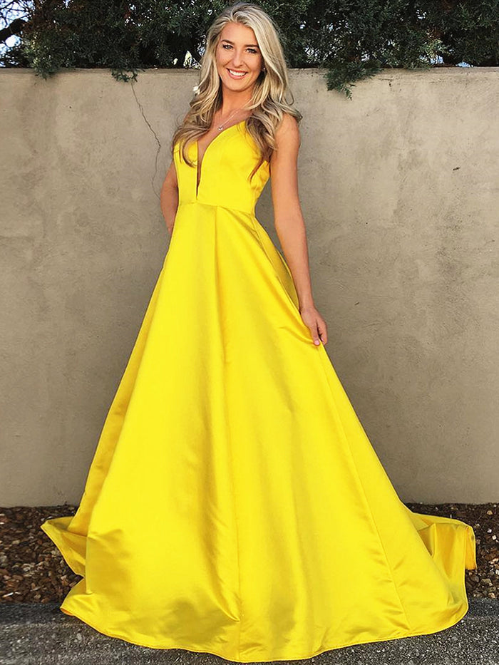 Simple V Neck Floor Length Yellow Prom Dresses, Yellow V Neck Formal Graduation Evening Dresses