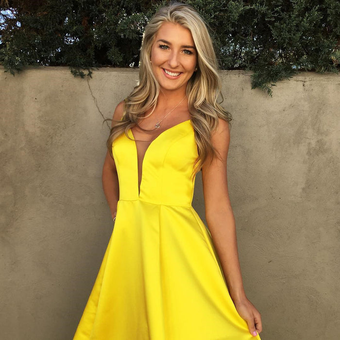 Simple V Neck Floor Length Yellow Prom Dresses, Yellow V Neck Formal Graduation Evening Dresses