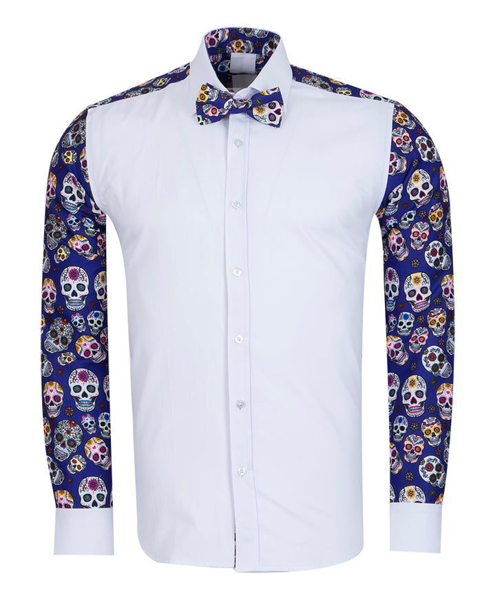 Skull Print Tuxedo Shirt Plain Front Panel-Makrom