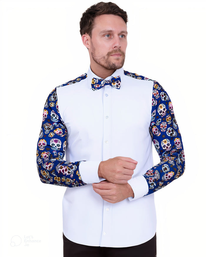 Skull Print Tuxedo Shirt Plain Front Panel-Makrom