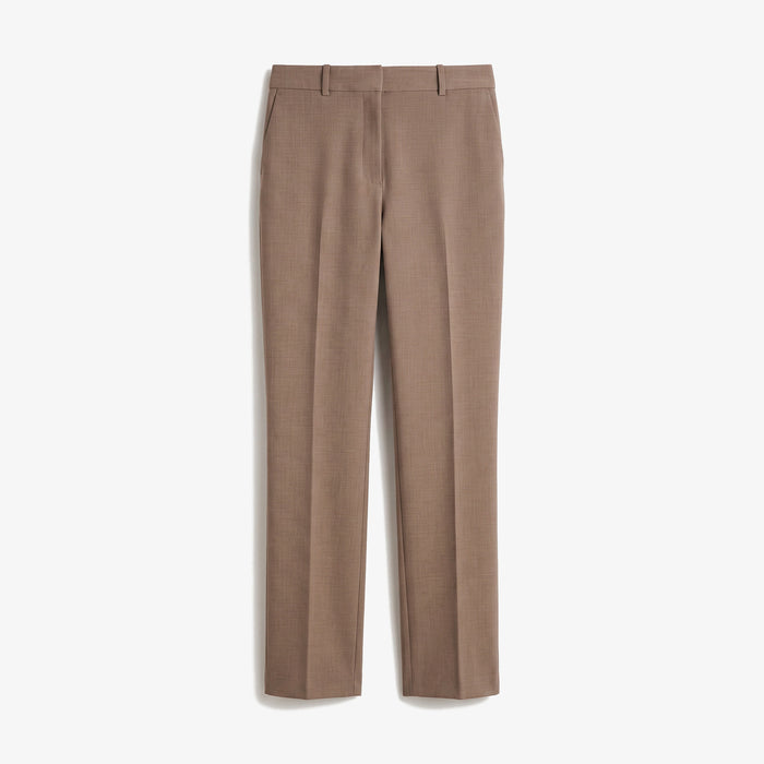 A pair of straight-leg trousers in a warm taupe-brown color, shown flat against a clean white background.