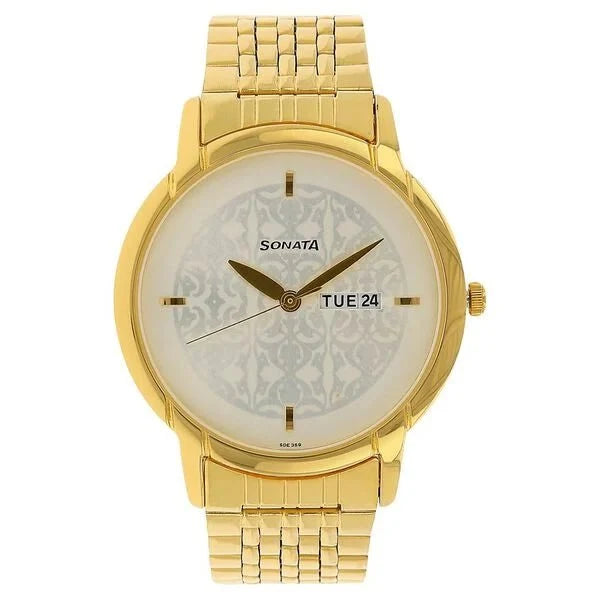 Sonata Quartz Analog with Day and Date Silver Dial Golden Stainless Steel Strap Watch For Men - Ashoka Watch Company