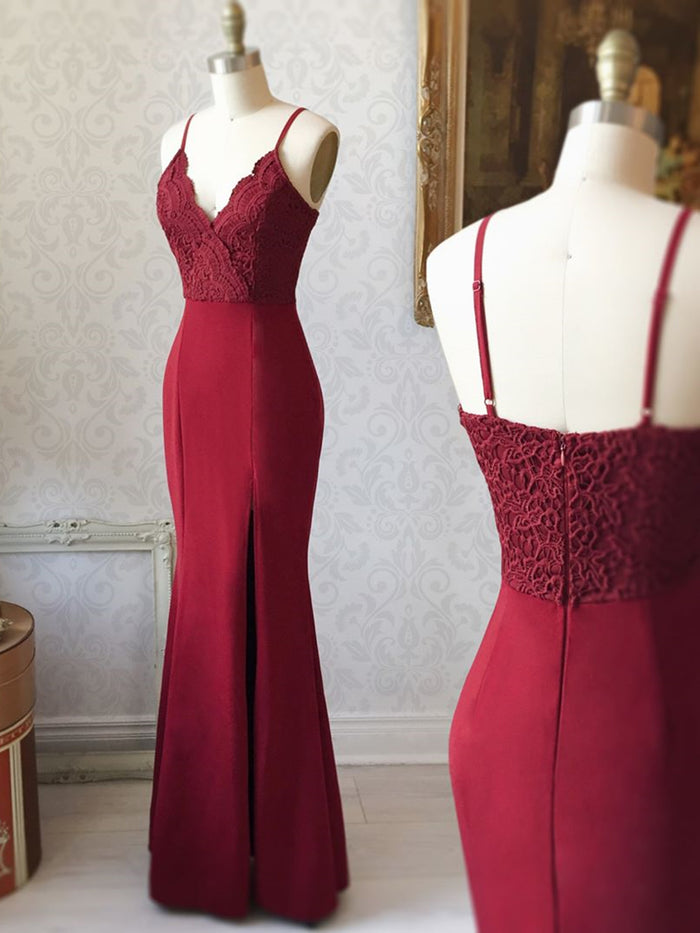 Spaghetti Straps Floor Length Burgundy Lace Prom Dresses, Burgundy Lace Formal Evening Bridesmaid Dresses