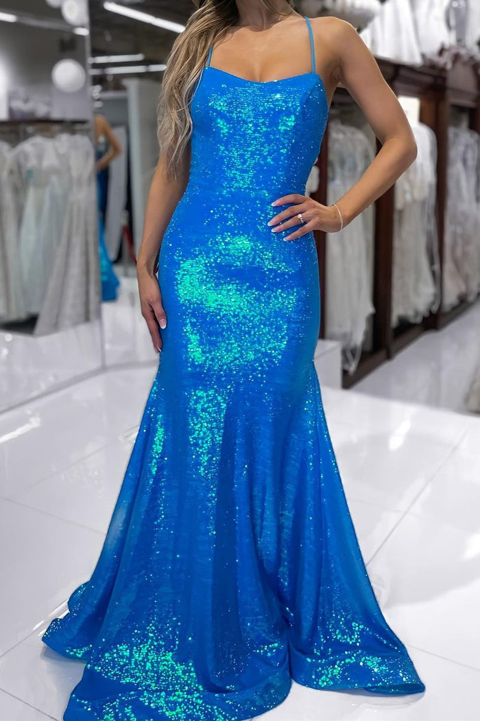 Spaghetti Straps Orange Mermaid Long Formal Dress