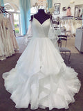 Spaghetti Straps V Neck White Wedding Dresses, V Neck White Puffy Wedding Gown, Bridal Dresses