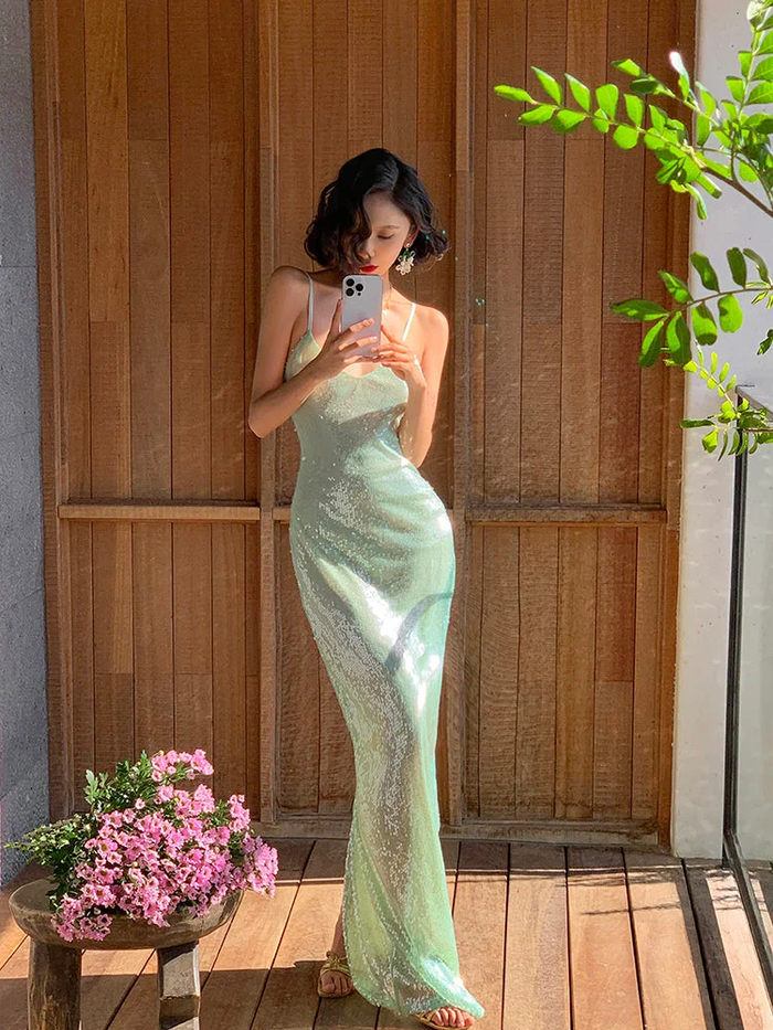Sparkling Glitter Mint Green Sequin Cami Dress Prom Dresses