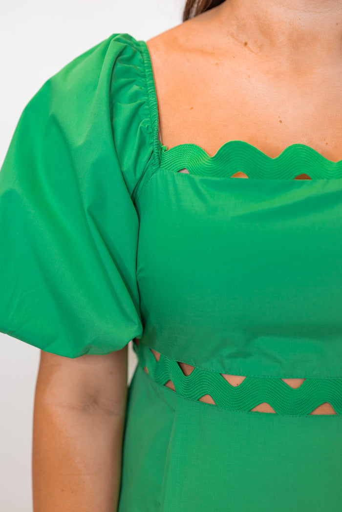 Kelly green empire waist midi dress