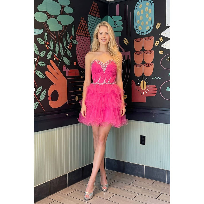 STRAPLESS BEADED BODICE SHORT TULLE COCKTAIL DRESS