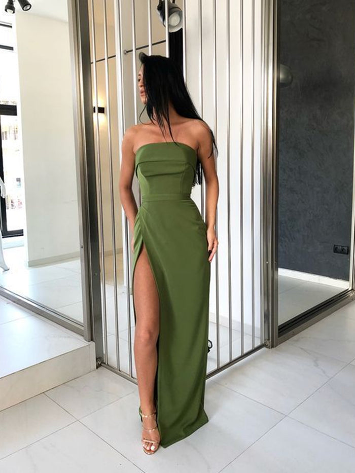 Strapless Green Prom Dresses with High Leg Slit, Green Formal Dresses, Evening Dresses