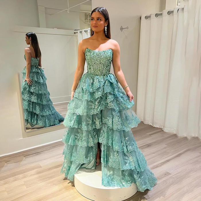 Strapless Lace Tulle Tiered Prom Dress Sparkly Sequin With Slit Bridesmaid Dresses Formal Evening Party Gowns