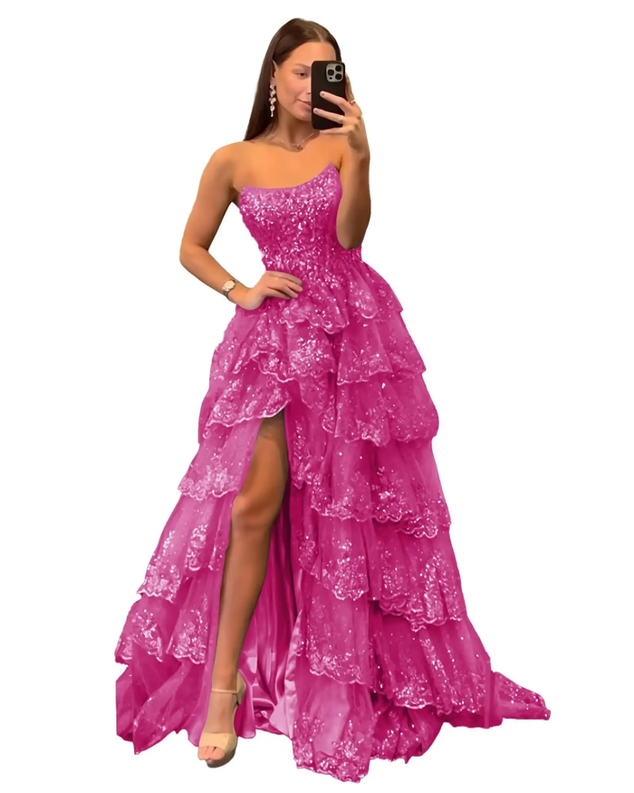Strapless Lace Tulle Tiered Prom Dress Sparkly Sequin With Slit Bridesmaid Dresses Formal Evening Party Gowns