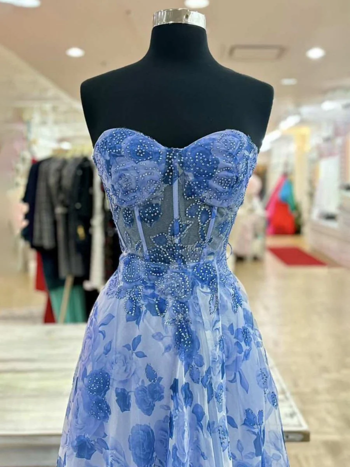 Strapless Printing Sweetheart Beads A-Line Prom Dress