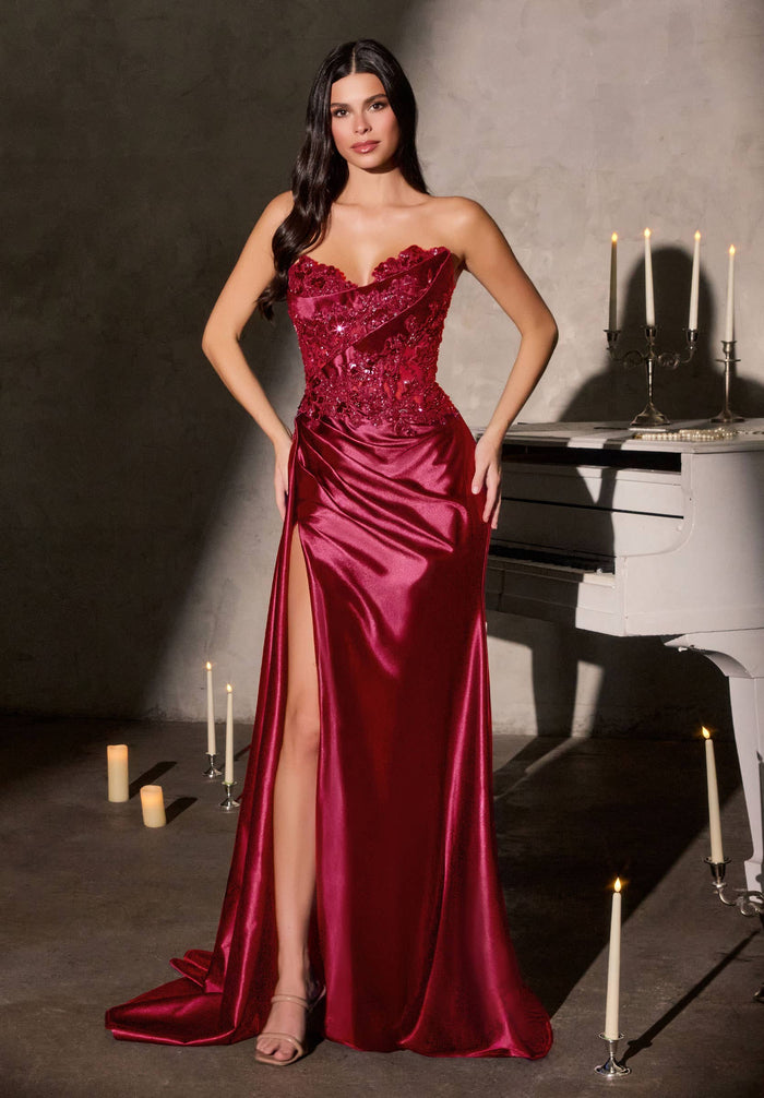 STRAPLESS SATIN FITTED DRESS WITH LACE BODICE & LEG SLIT