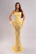 Strapless Sleeveless Long Mermaid Prom Dress With Lace Embroidery Gloves