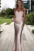 Strapless Sweetheart Pleats Sleeveless Satin Long Prom Party Dress
