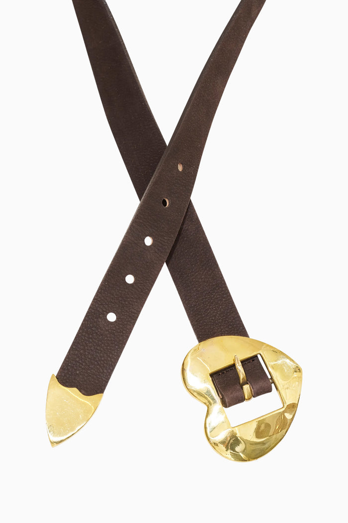 Brown belt with gold heart-shaped buckle on a white background