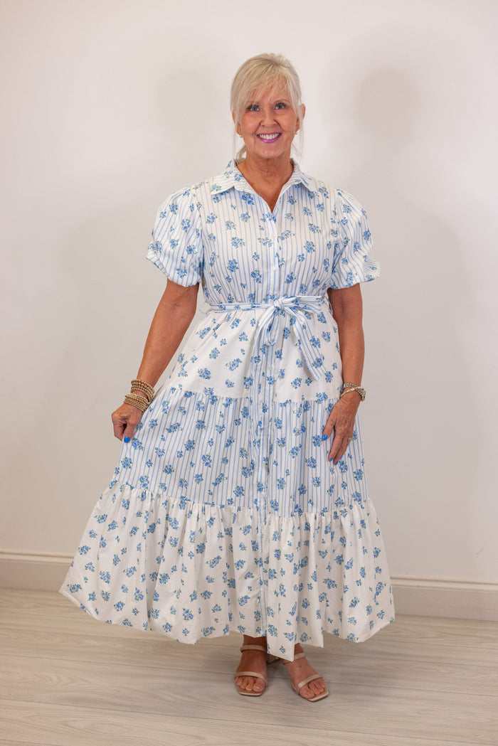 blue white floral stripe tiered midi dress