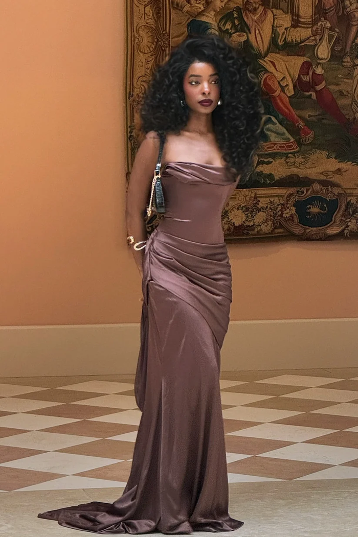 Stylish Mermaid Strapless Brown Long Party Dress with Ruched