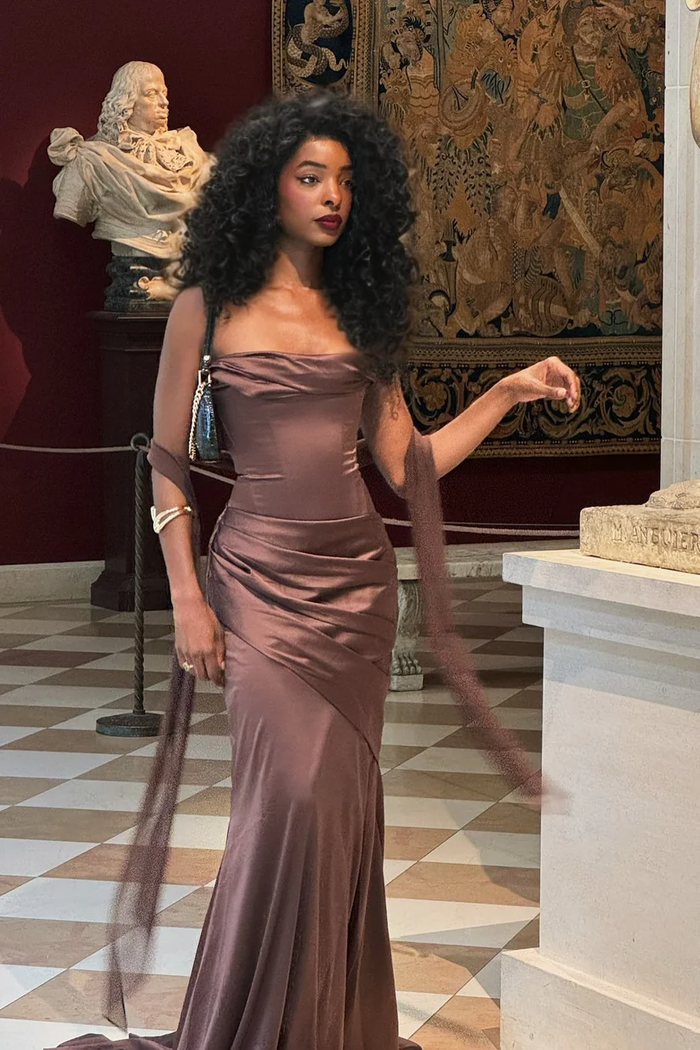 Stylish Mermaid Strapless Brown Long Party Dress with Ruched