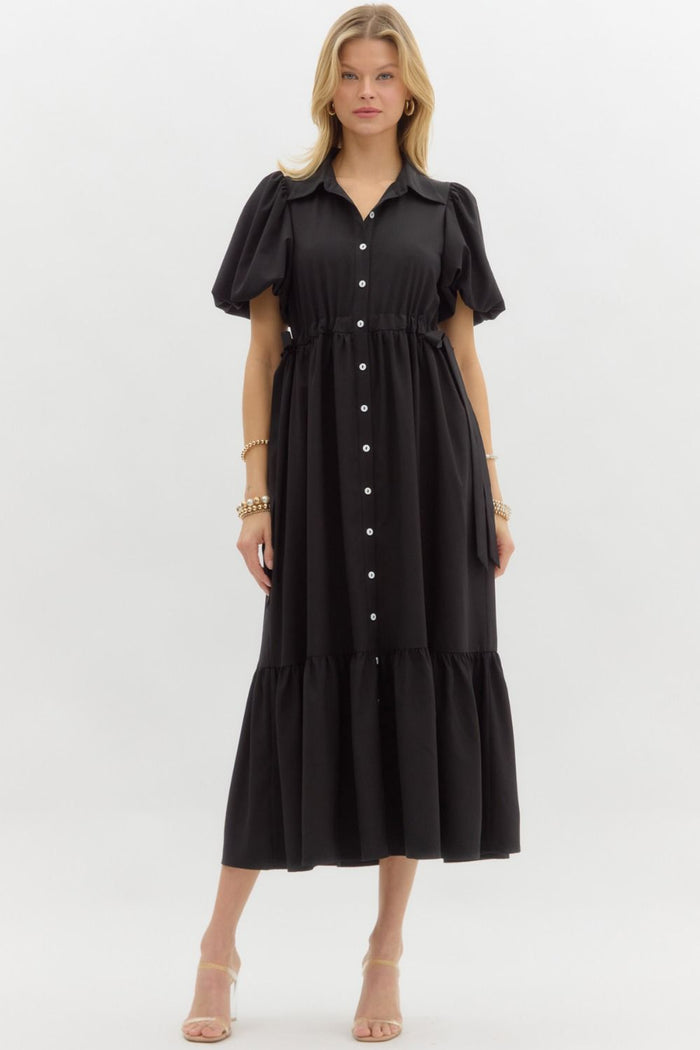 Entro Black button front midi dress with cinch waistline