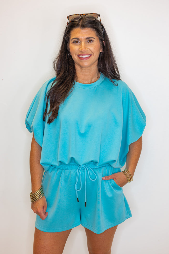 turquoise blue scuba bubble hem lounge top